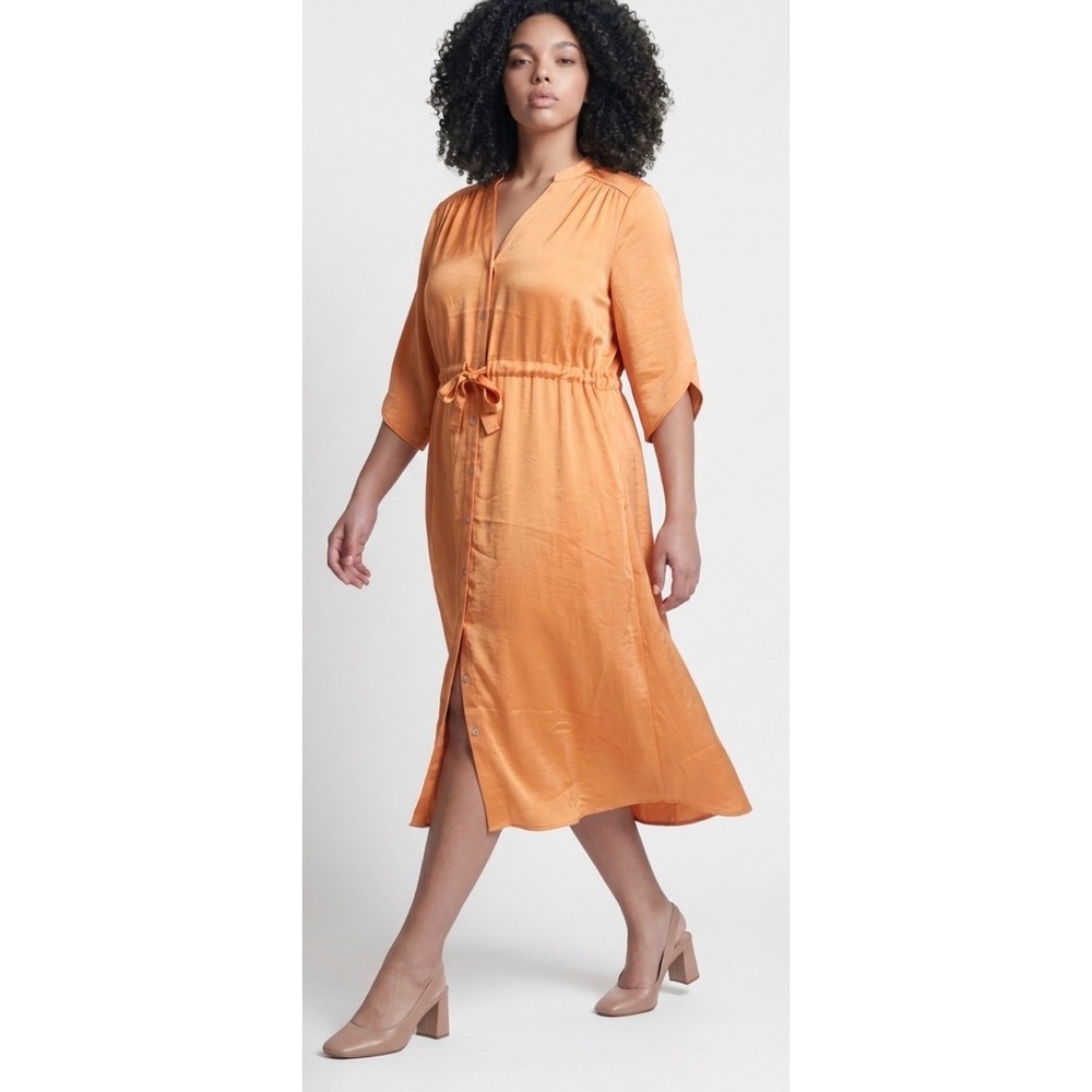 NIC+ZOE‎ Orange Satin Tie Waist Midi Shirt Dress Women Size S